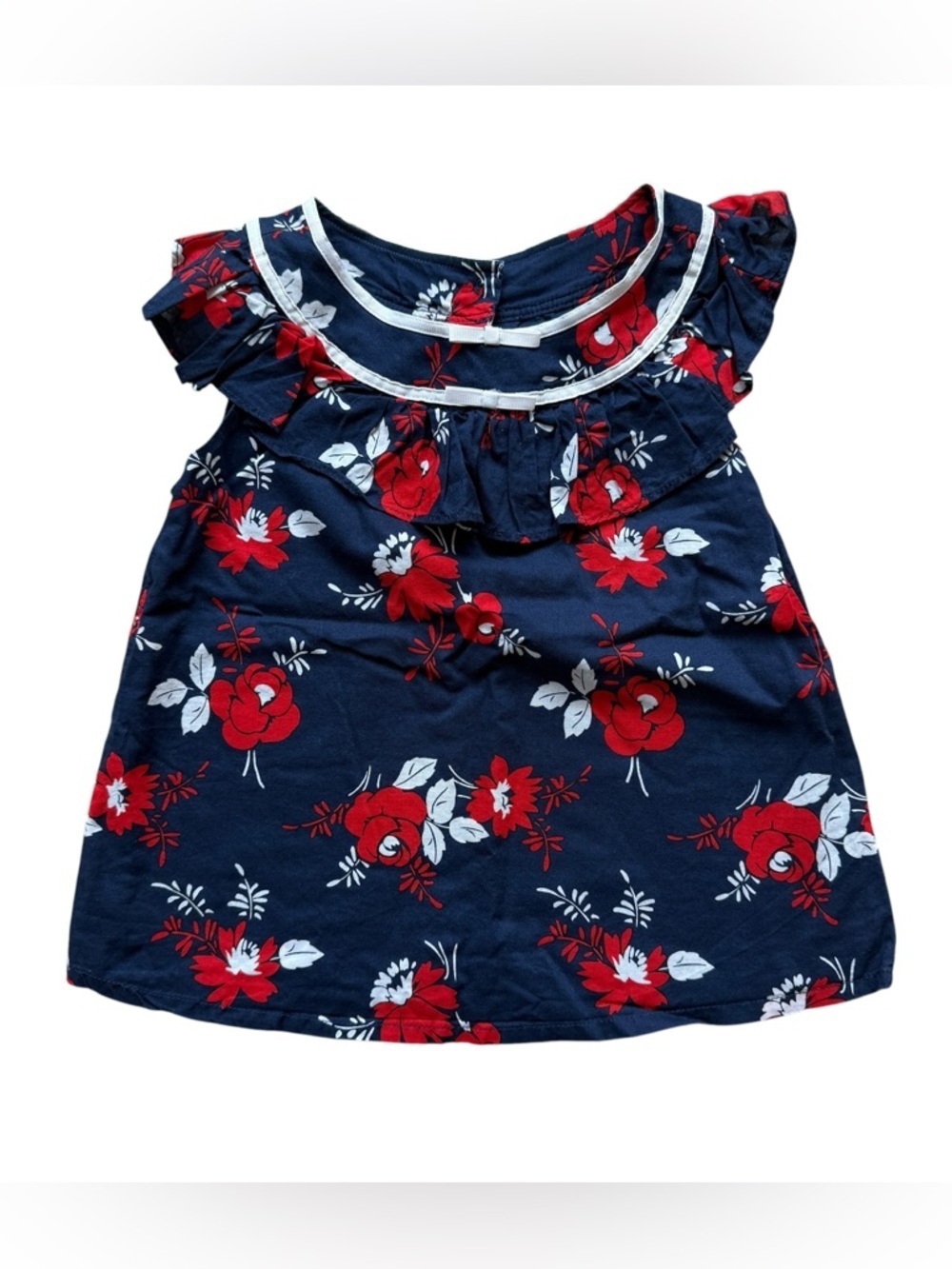 Janie and Jack Floral Dress Size 4 Girls Navy Red Ruffle Collar Summer Patriotic